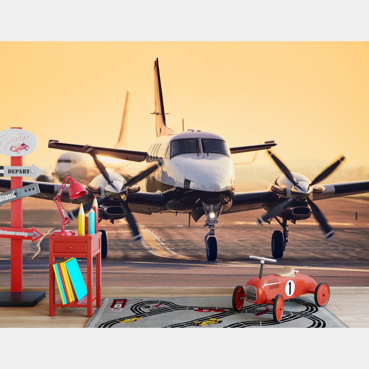 Fototapete zweimotoriges turboprop auf dem goldenen flugfeld – Wallnifity®
