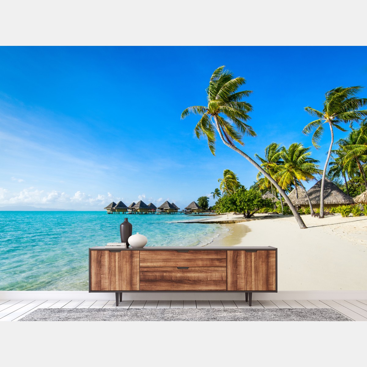 Fototapete tropischer türkisfarbener strand mit palmen – Wallnifity®