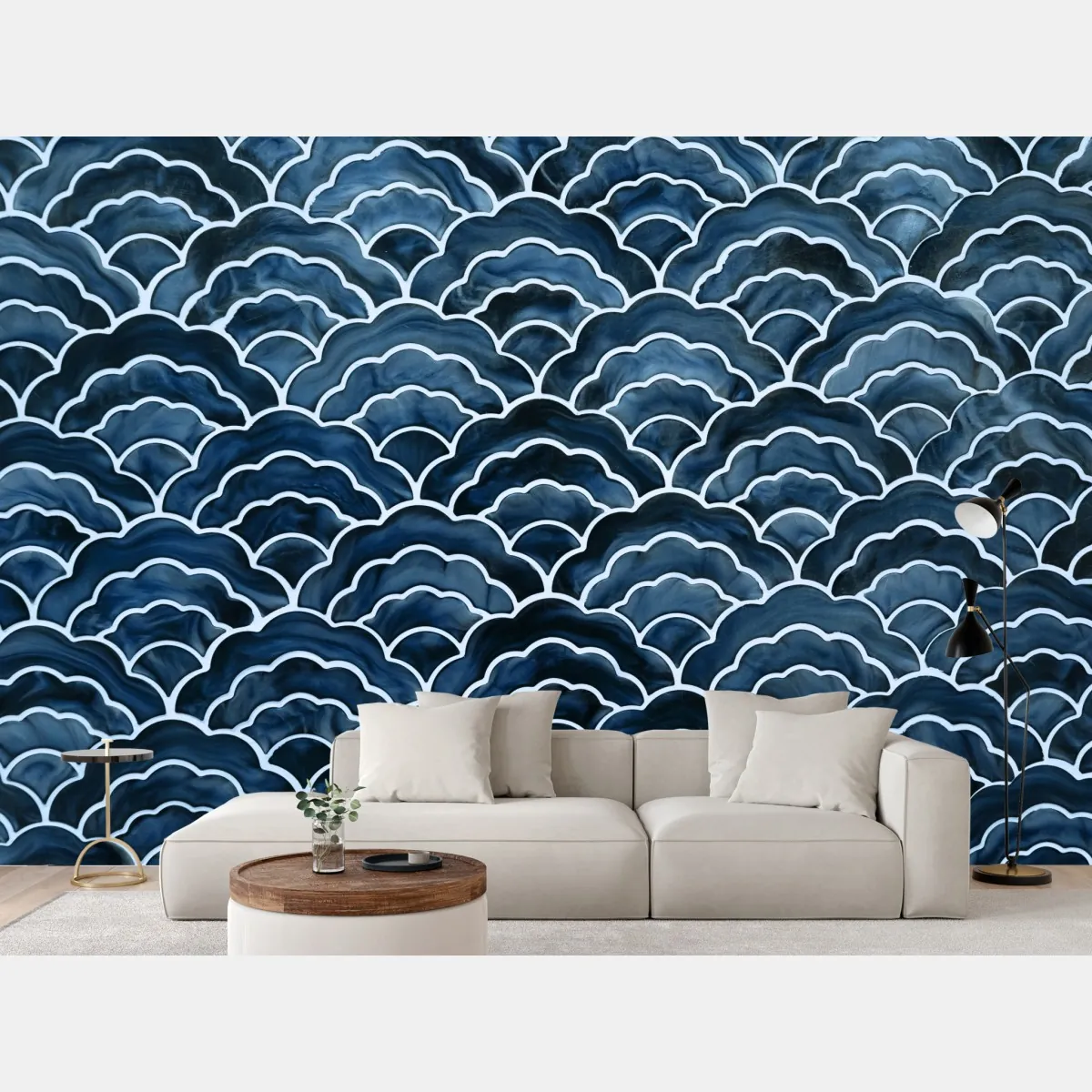 Fototapete japanisches blaues seigaiha-wellenmuster – Wallnifity®