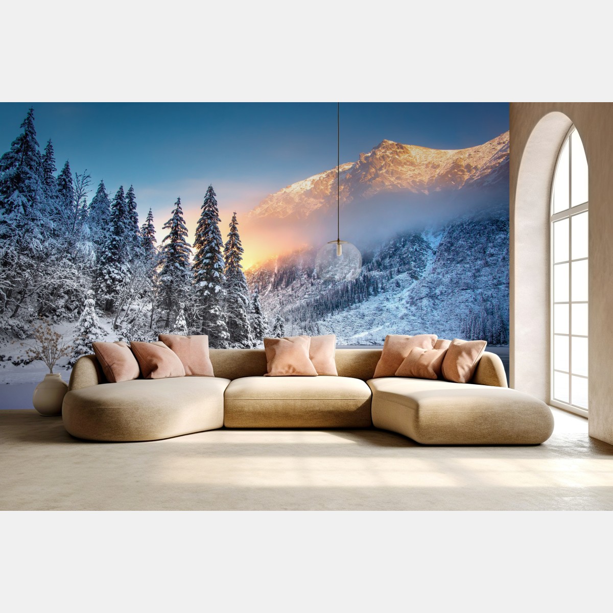 Fototapete wintermorgen über dem verschneiten bergsee – Wallnifity®