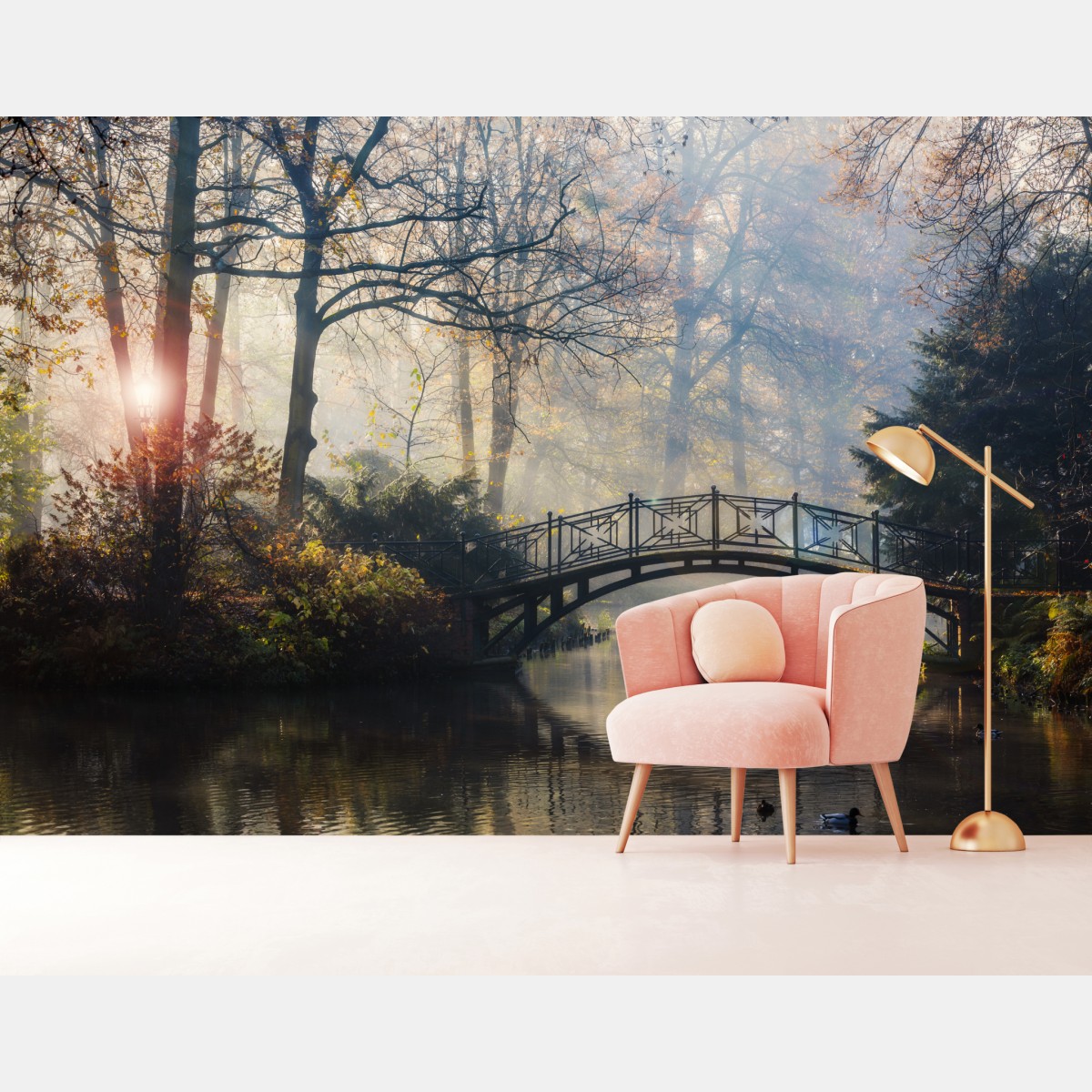 Fototapete neblige herbstbrücke mit schwan – Wallnifity®