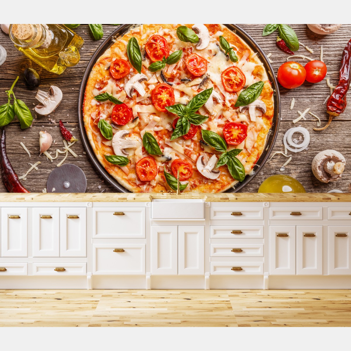 Fototapete frische pizza mit basilikum und cherrytomaten – Wallnifity®