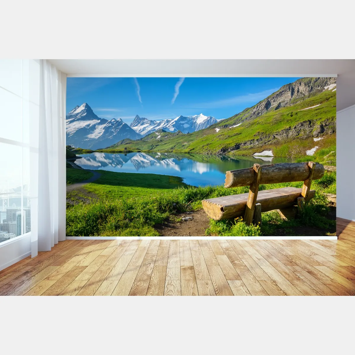 Fototapete alpensee mit hölzerner bank – Wallnifity®