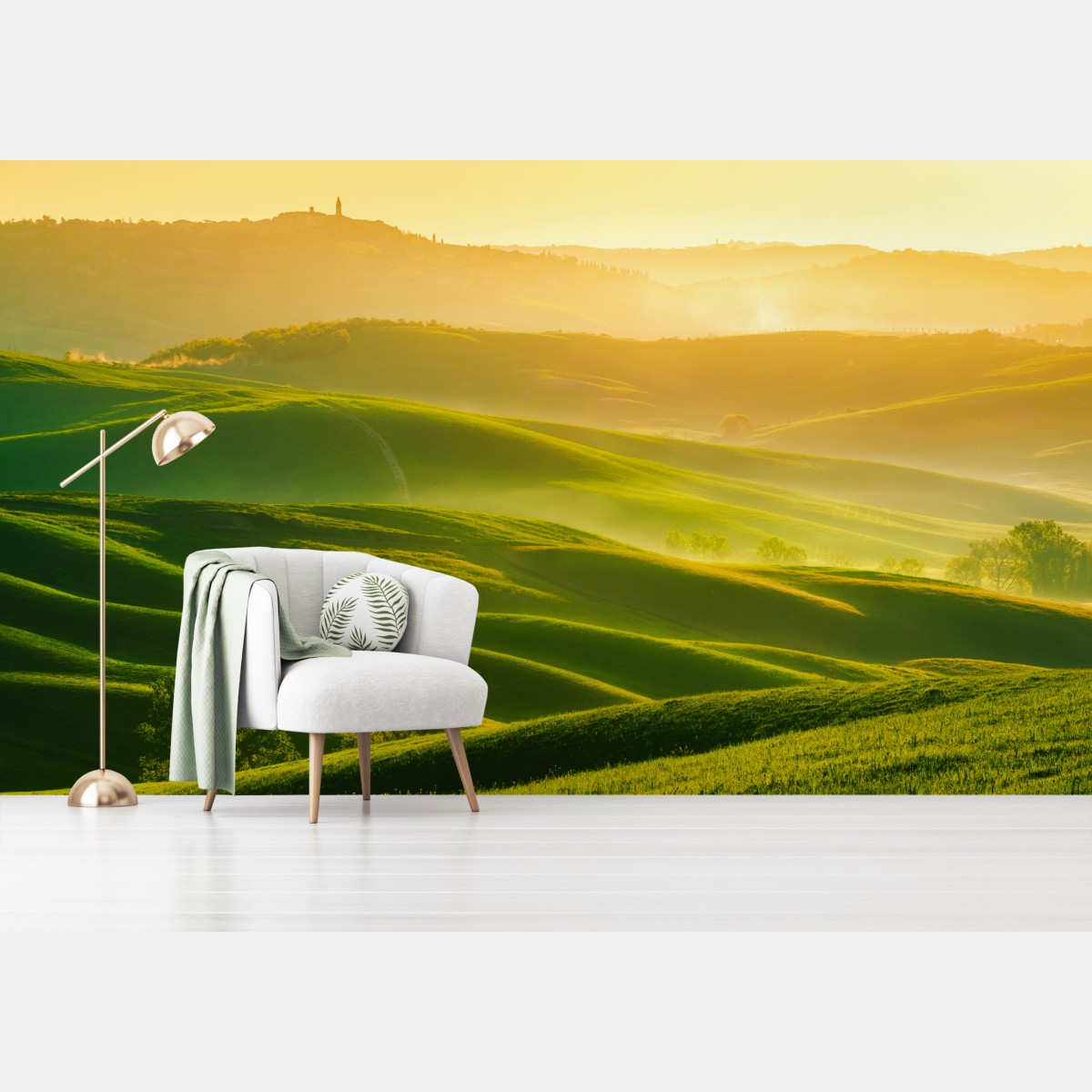 Fototapete goldener sonnenaufgang über sanften grünen hügeln – Wallnifity®