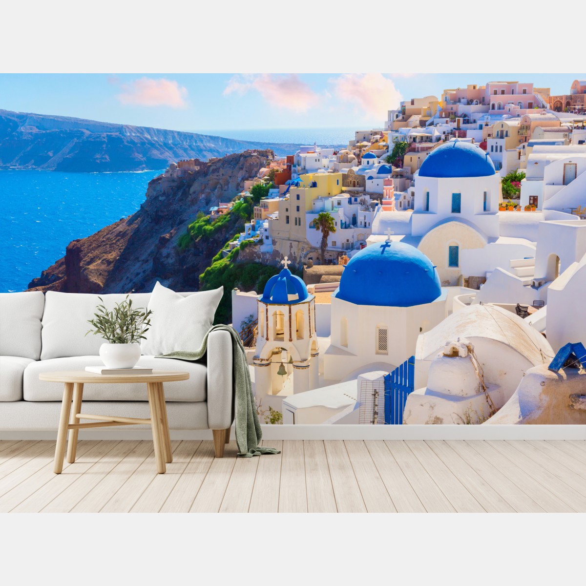 Fototapete Santorini blaue kuppeln und weiße häuser – Wallnifity®