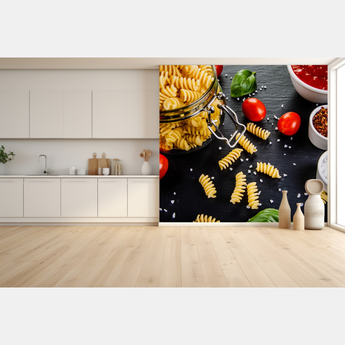 Fototapete pasta zutaten arrangiert mit tomaten und basilikum – Wallnifity®