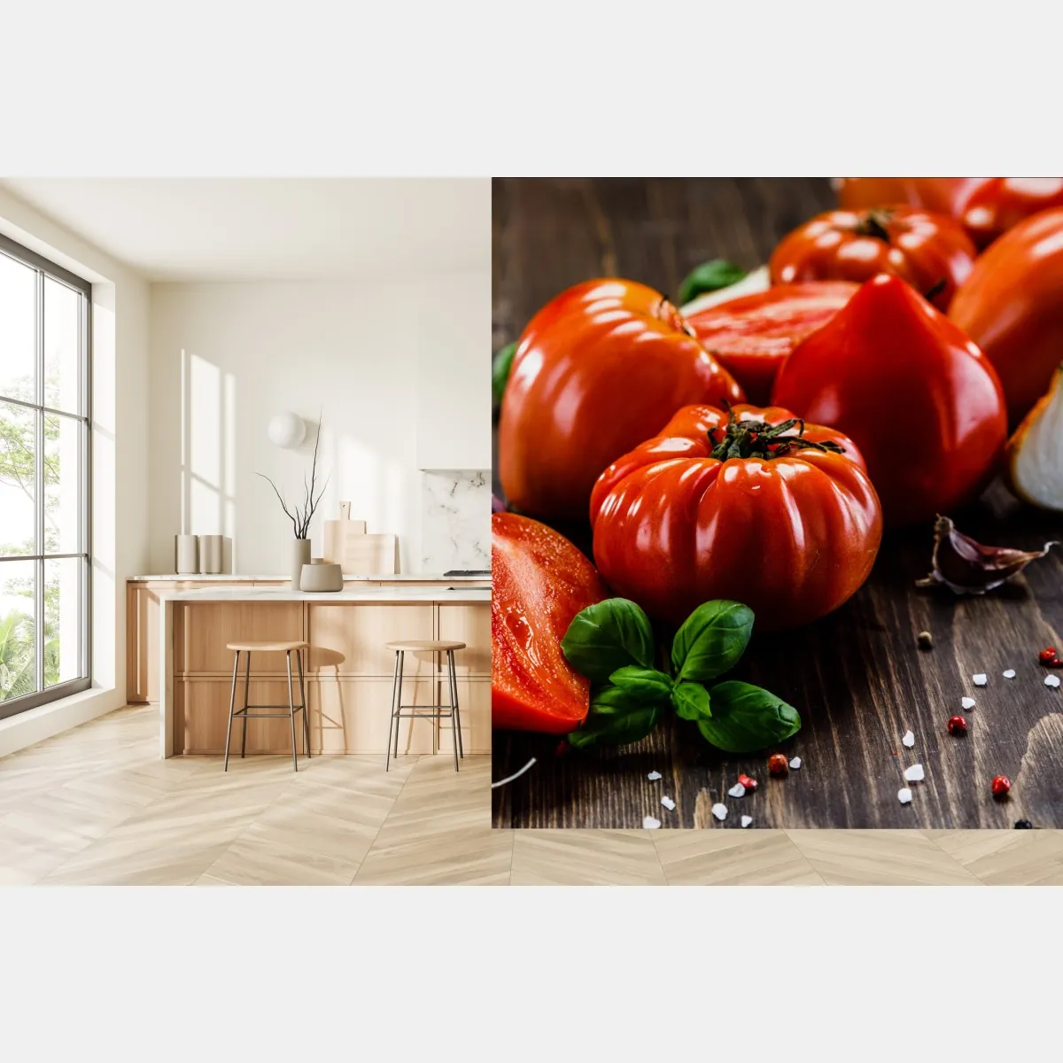 Fototapete reife tomaten auf rustikalem holztisch – Wallnifity®