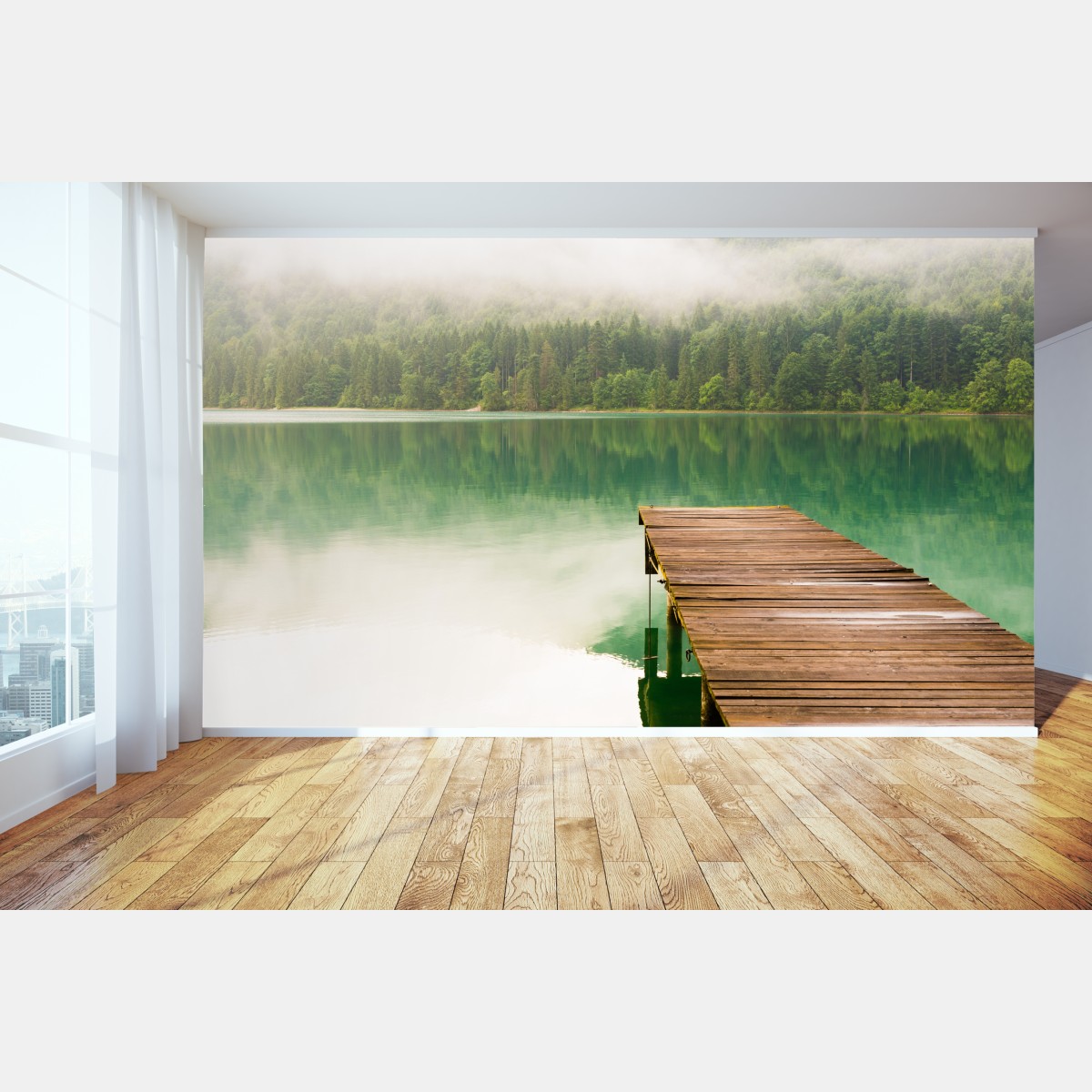 Fototapete nebliger see mit hölzernem steg – Wallnifity®