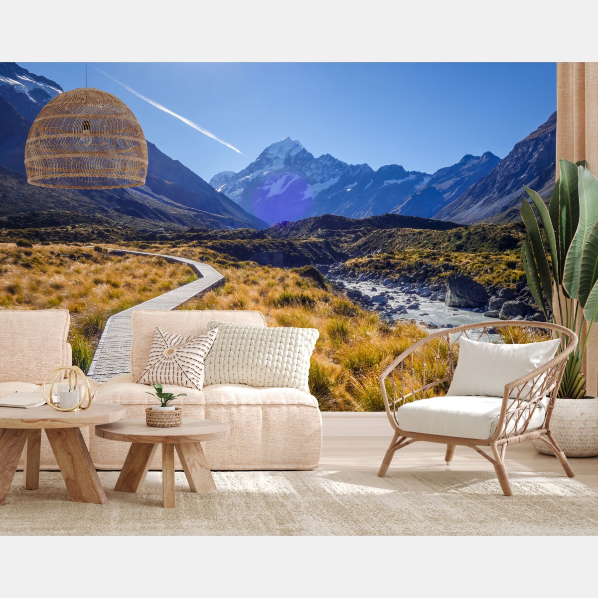 Fototapete holzsteg im Hooker Valley mit blick auf Aoraki Mount Cook – Wallnifity®
