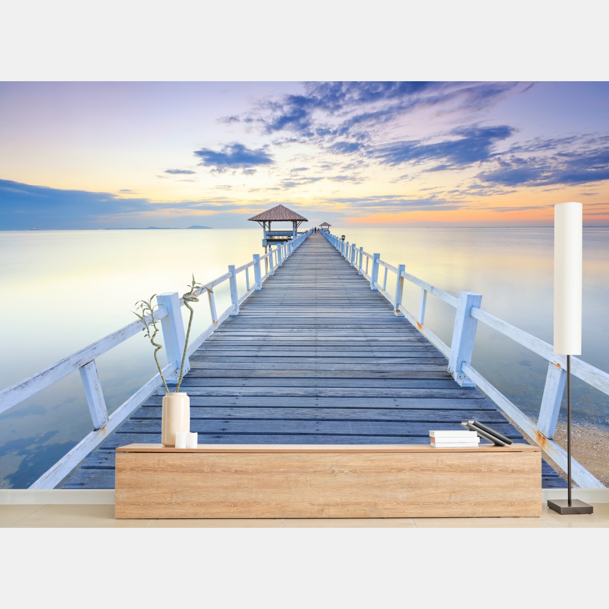 Fototapete ruhiger hölzerner steg bei sonnenuntergang – Wallnifity®