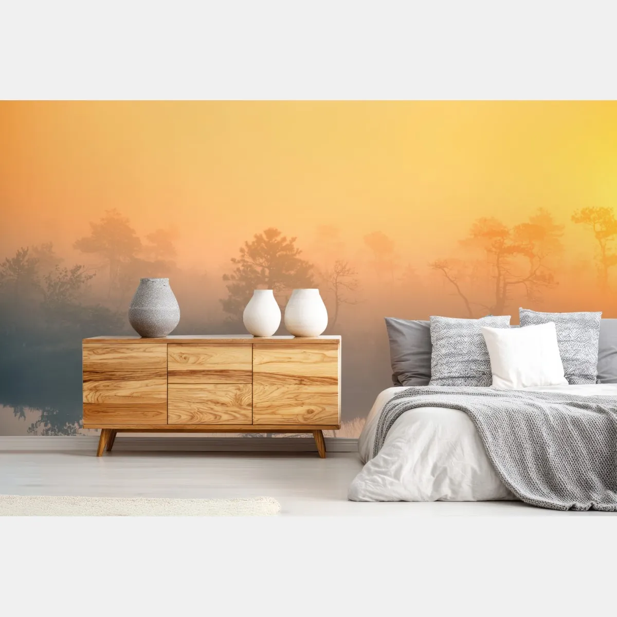 Fototapete träumerischer sonnenaufgang über nebligem moor – Wallnifity®