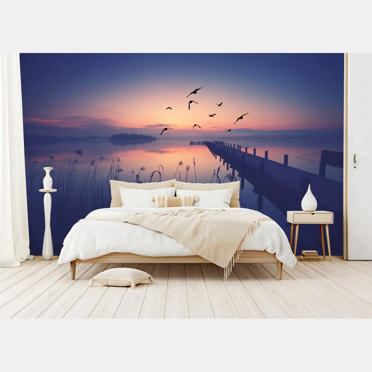 Fototapete ruhiger sonnenaufgang am see mit vögeln – Wallnifity®