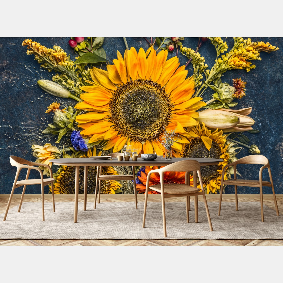 Fototapete herbstlicher sonnenblumenstrauß auf dunklem rustikalem hintergrund – Wallnifity®