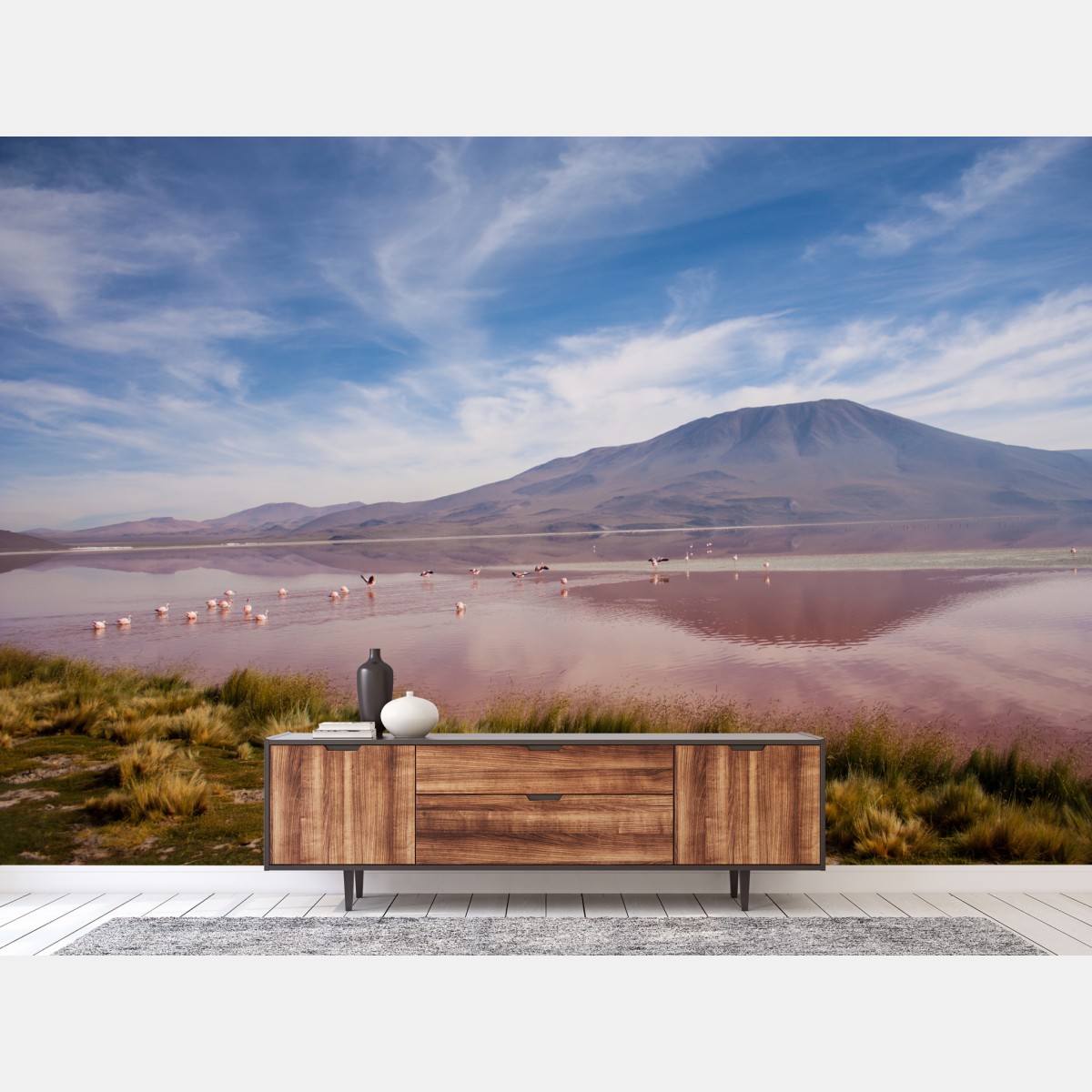 Fototapete rosa lagune mit flamingos und bergspiegelung – Wallnifity®