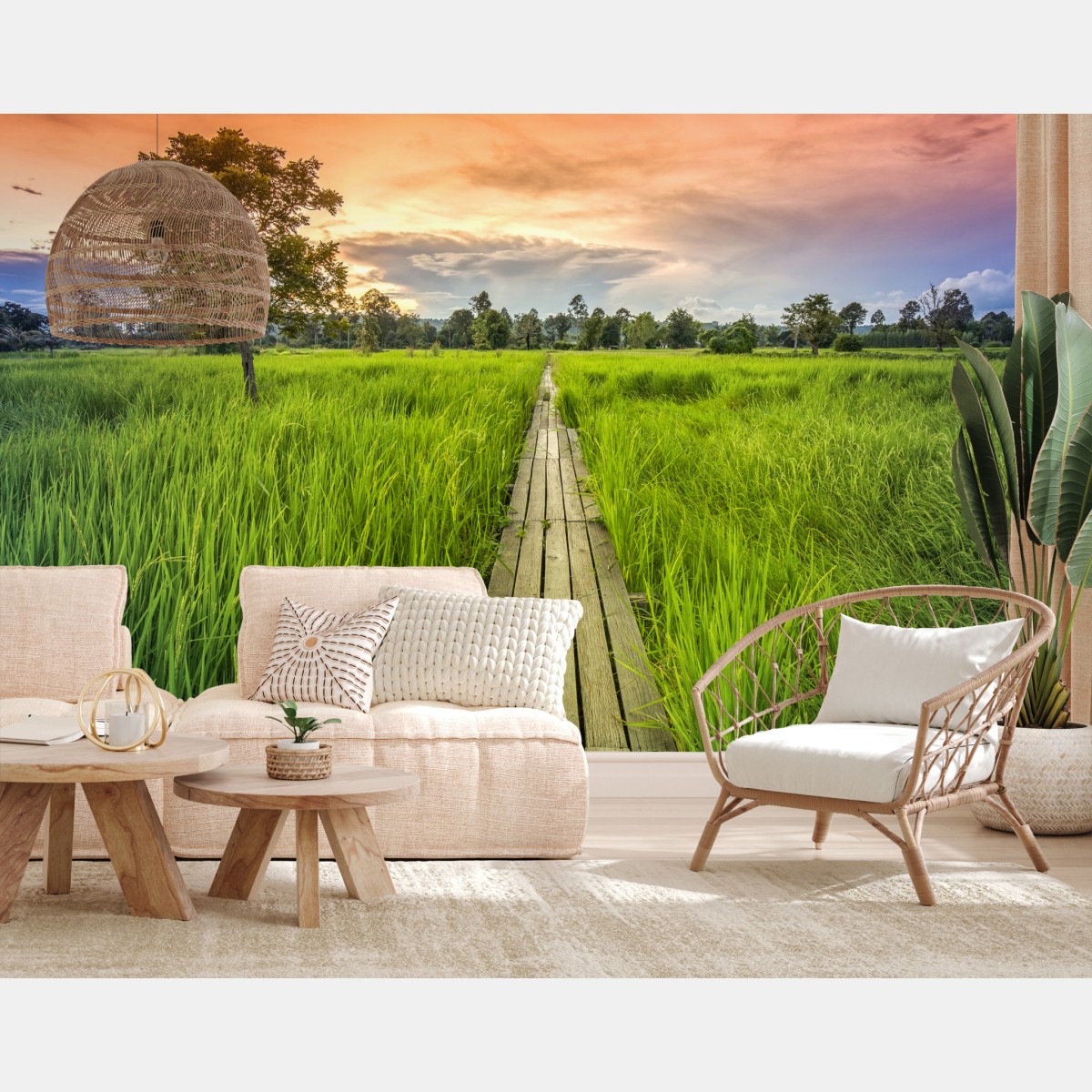Fototapete sonnenuntergang über einer hölzernen brücke in Khonburi – Wallnifity®