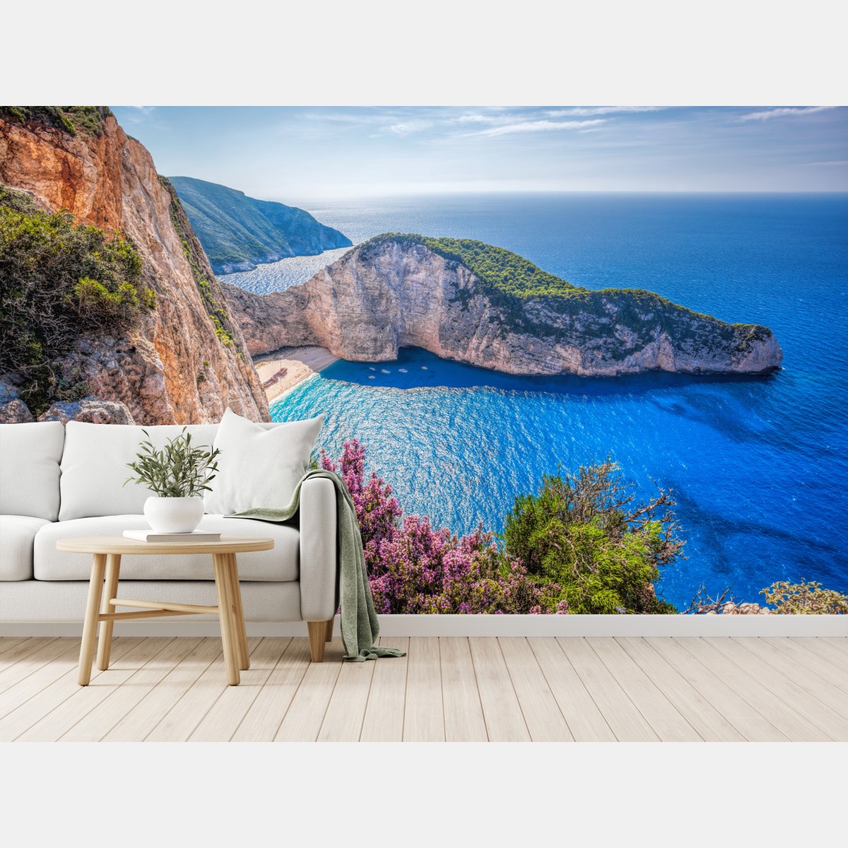 Fototapete Navagio strand sonnenuntergang mit türkisblauem meer und wildblumen – Wallnifity®