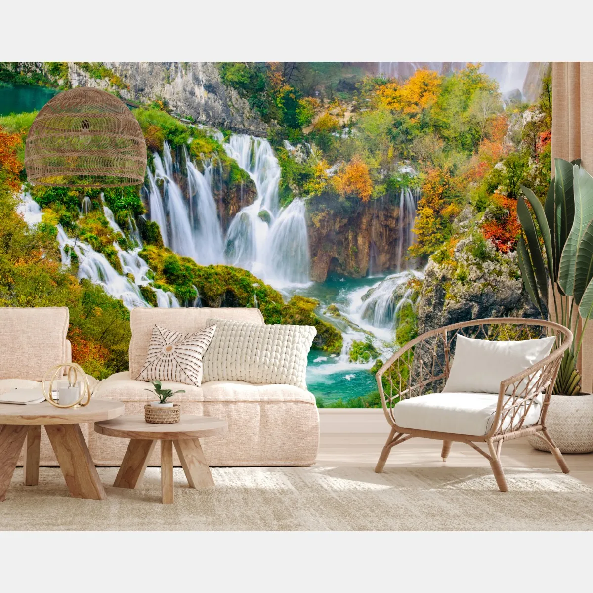 Fototapete türkisfarbener wasserfall im herbst – Wallnifity®