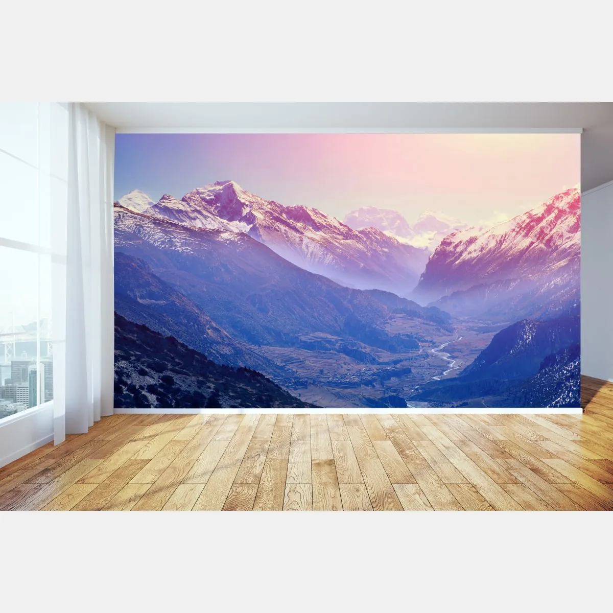 Fototapete pastelliges bergtal bei sonnenaufgang – Wallnifity®