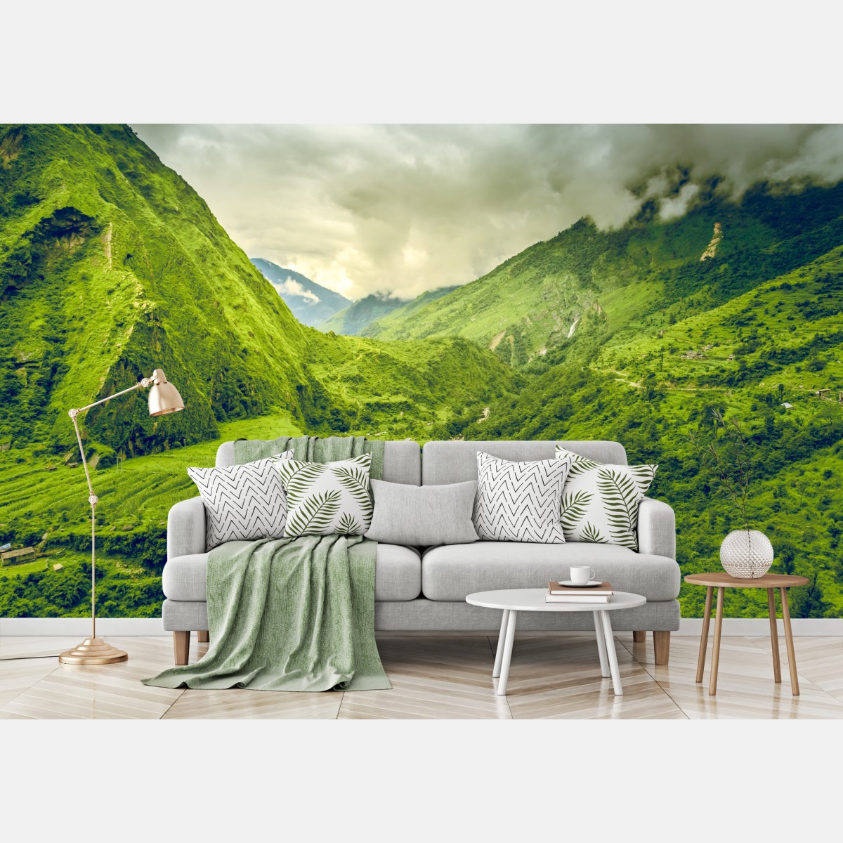 Fototapete üppiges grünes bergtal mit fluss – Wallnifity®