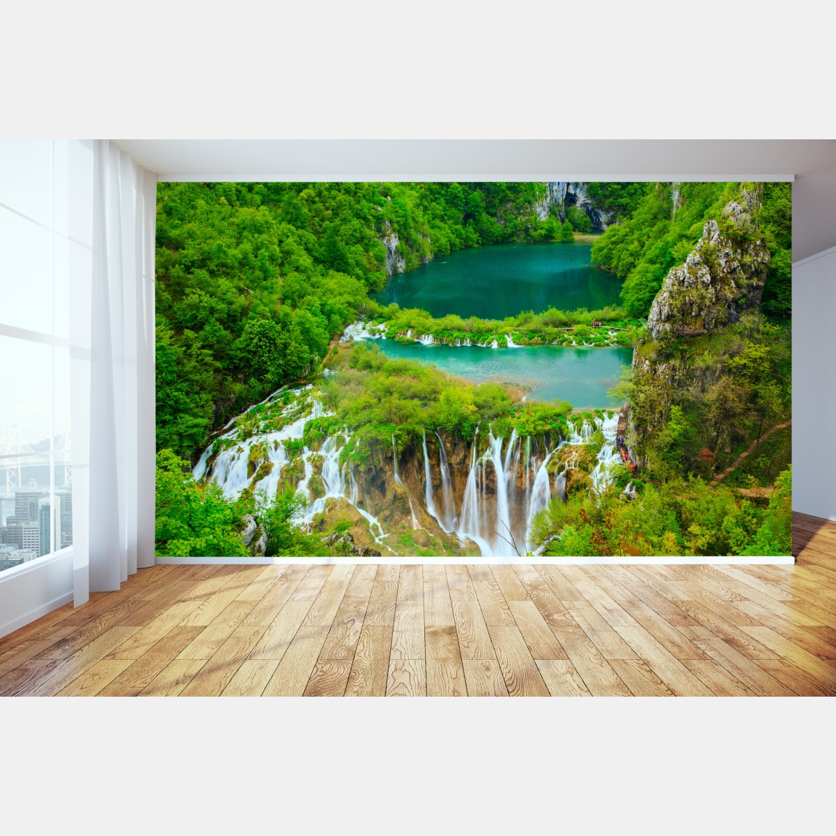 Fototapete üppiger wasserfall und türkise seen – Wallnifity®