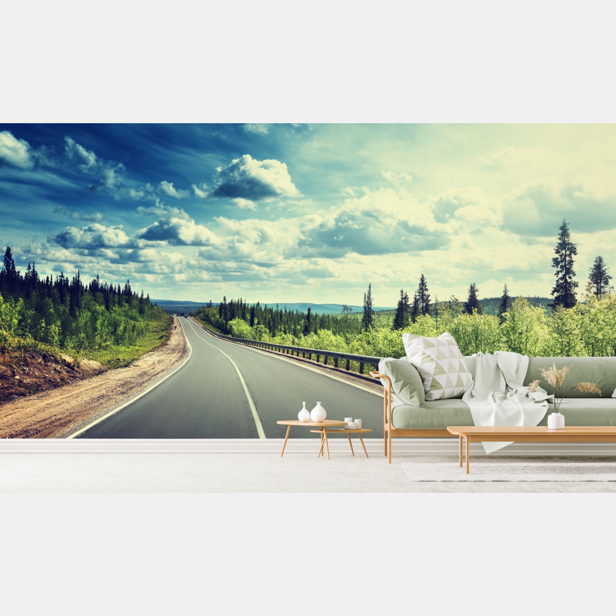 Fototapete sonnenbeschienene waldstraße bis zum horizont – Wallnifity®