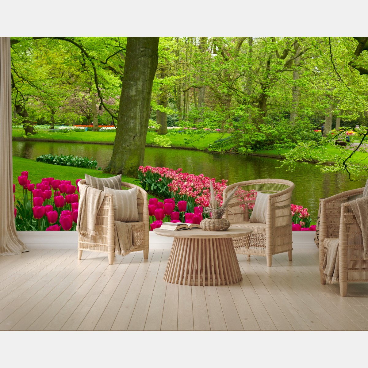 Fototapete frühlings-tulpengarten am kanal – Wallnifity®