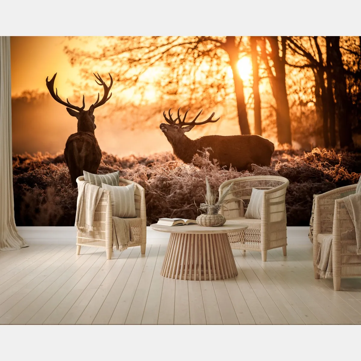 Fototapete goldener sonnenaufgang mit hirschen auf frostiger wiese – Wallnifity®
