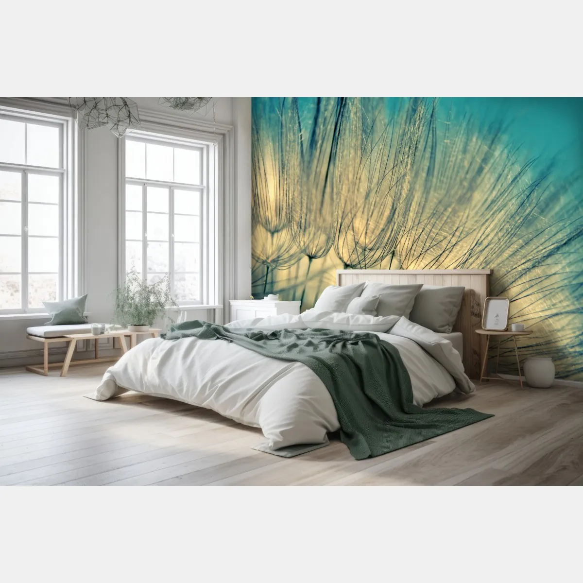 Fototapete zarte löwenzahn-aufnahme in sanftem blau – Wallnifity®