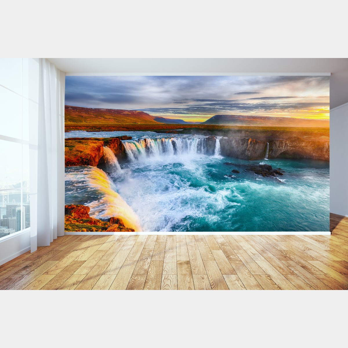 Fototapete Godafoss wasserfall bei sonnenaufgang – Wallnifity®