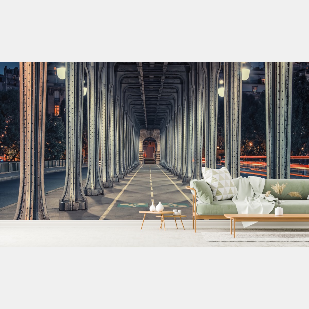 Fototapete symmetrischer stahlkorridor einer brücke bei nacht – Wallnifity®