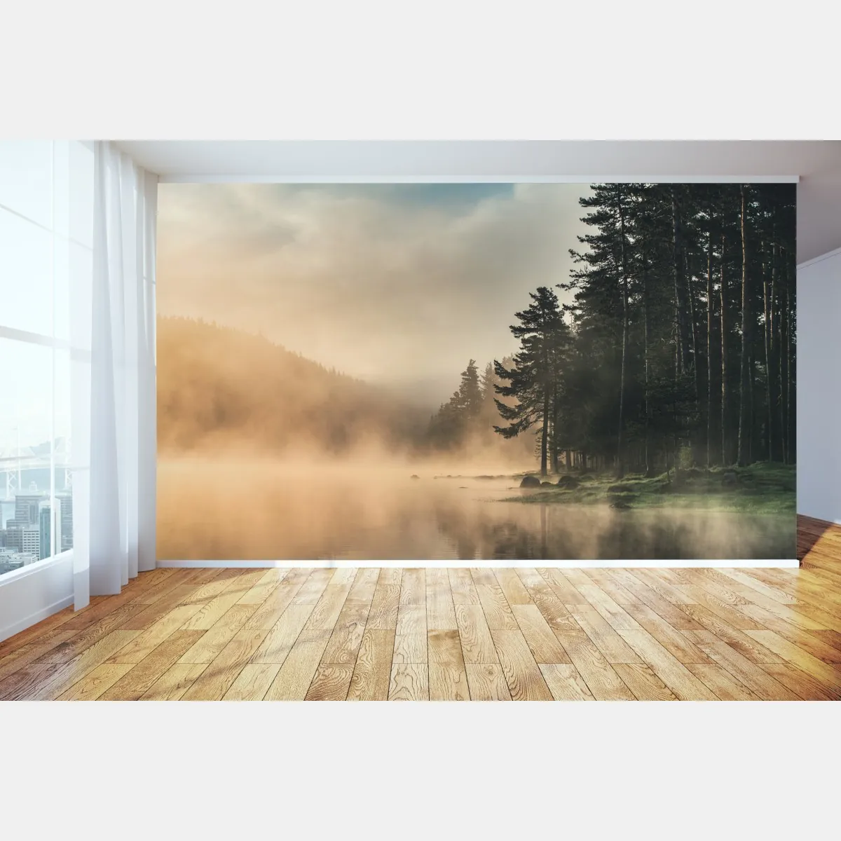 Fototapete nebliger sonnenaufgang über waldsee – Wallnifity®