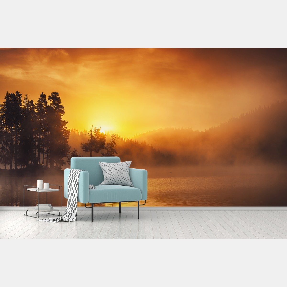 Fototapete goldener sonnenaufgang über dem nebligen see – Wallnifity®