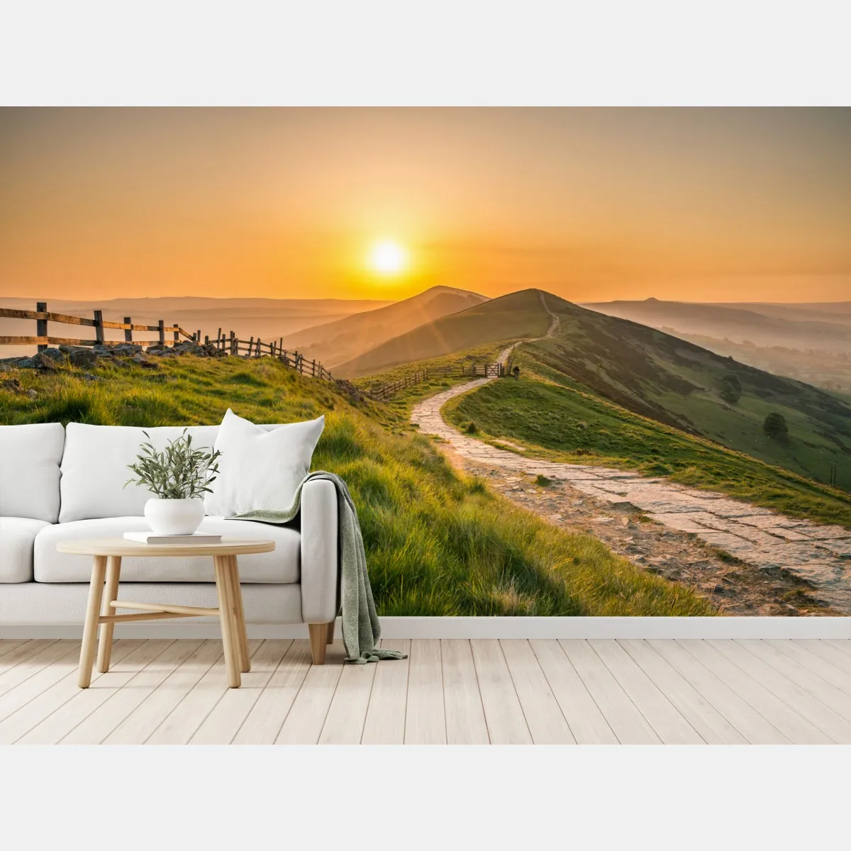 Fototapete sonnenaufgang über grünen hügeln – Wallnifity®
