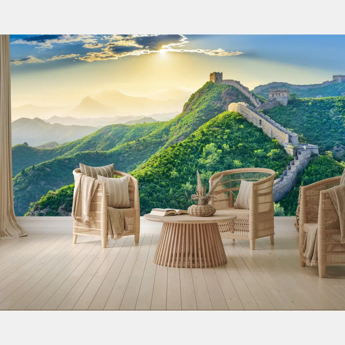 Fototapete Chinesische Mauer bei sonnenaufgang über grünen bergen – Wallnifity®