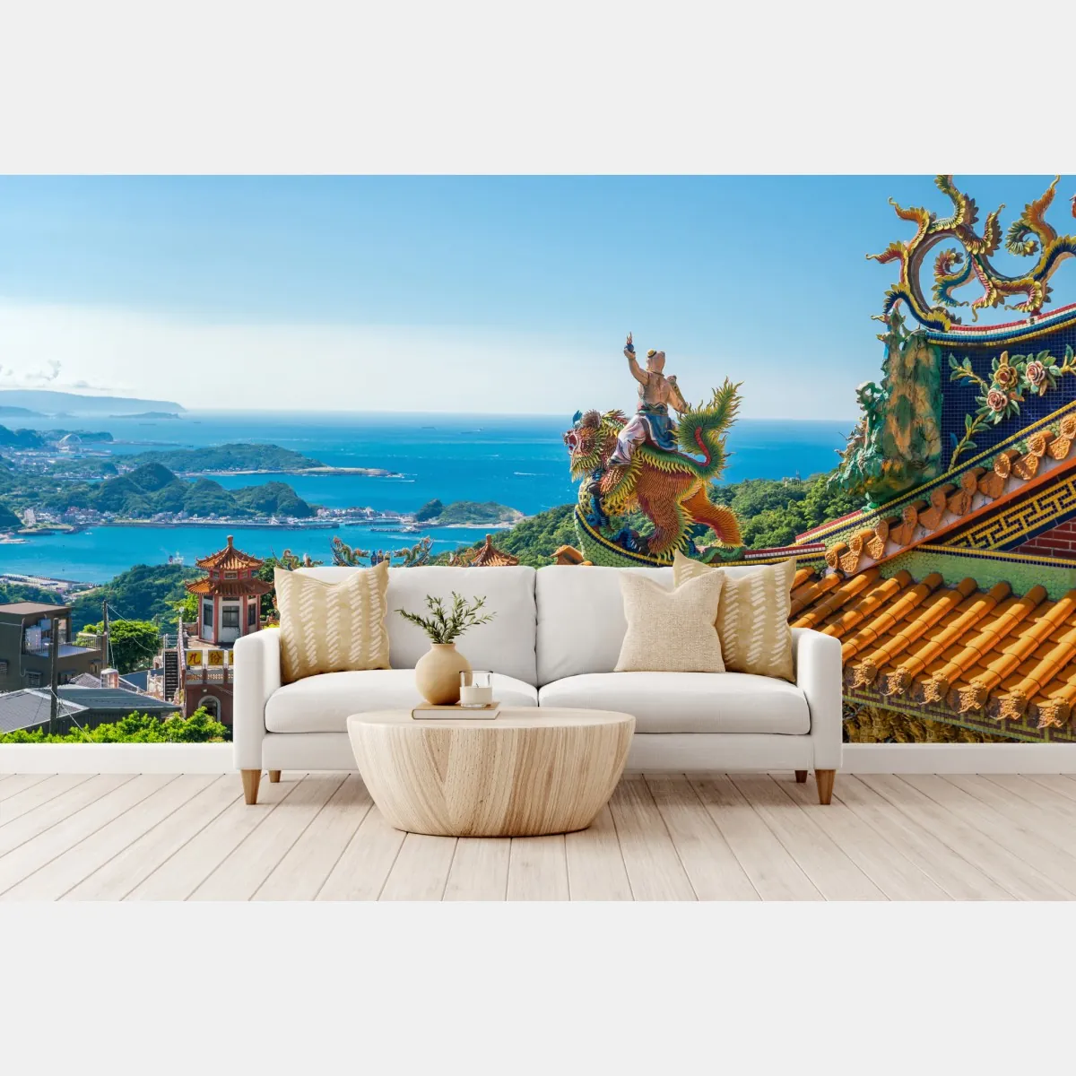 Fototapete tempel mit blick auf die küste von Jiufen, Taiwan – Wallnifity®