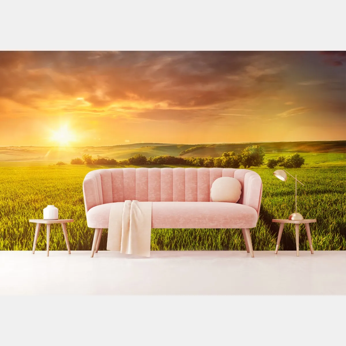 Fototapete sonnenbeschienene wiese im abendlicht – Wallnifity®