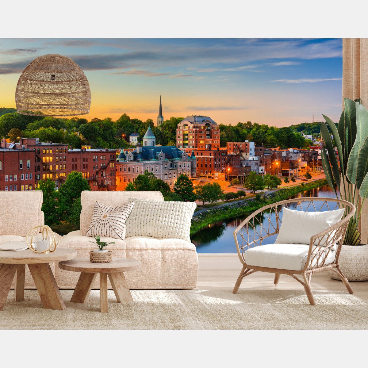 Fototapete Augusta skyline am Kennebec River bei sonnenuntergang – Wallnifity®