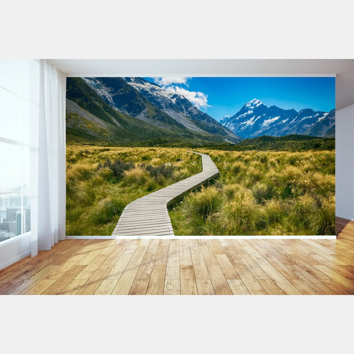 Fototapete holzsteg durch wiesen zu schneebedeckten gipfeln – Wallnifity®