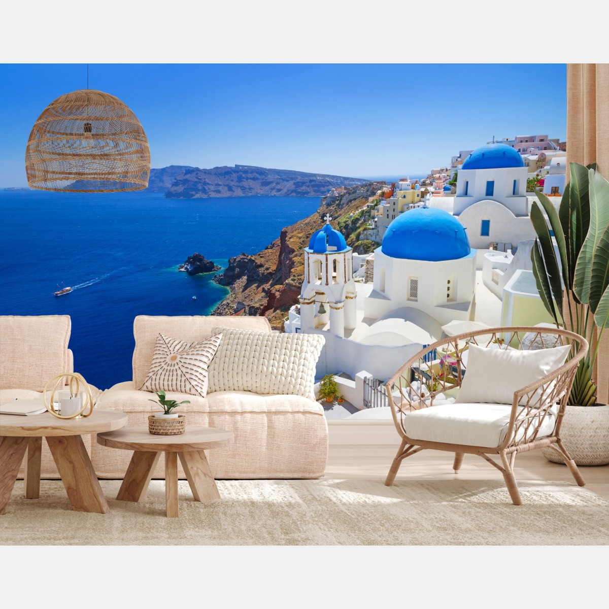 Fototapete Santorini blaue kuppeln über der kaldera – Wallnifity®