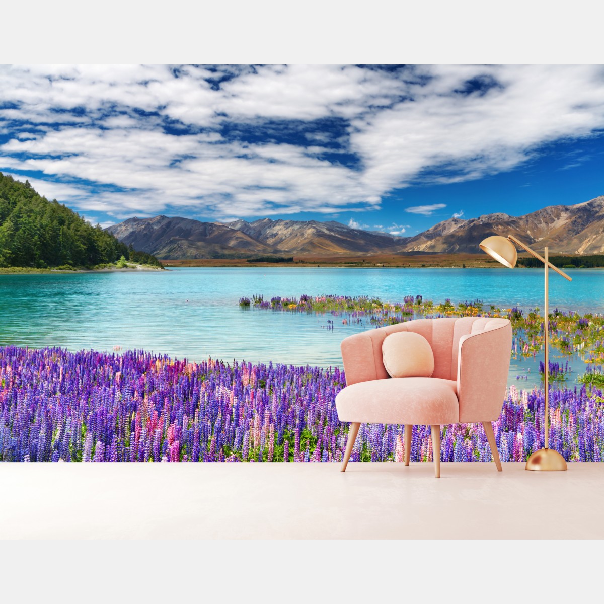 Fototapete Lake Tekapo lupinenmeer am türkisen see – Wallnifity®