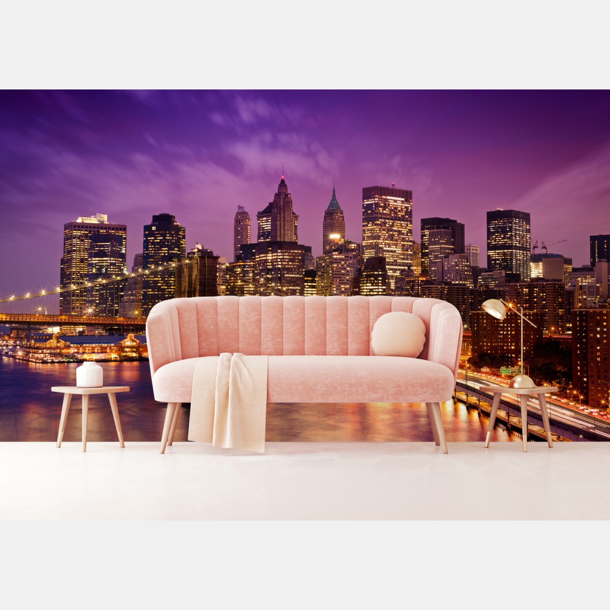 Fototapete violette skyline über leuchtender stadt und brücke – Wallnifity®