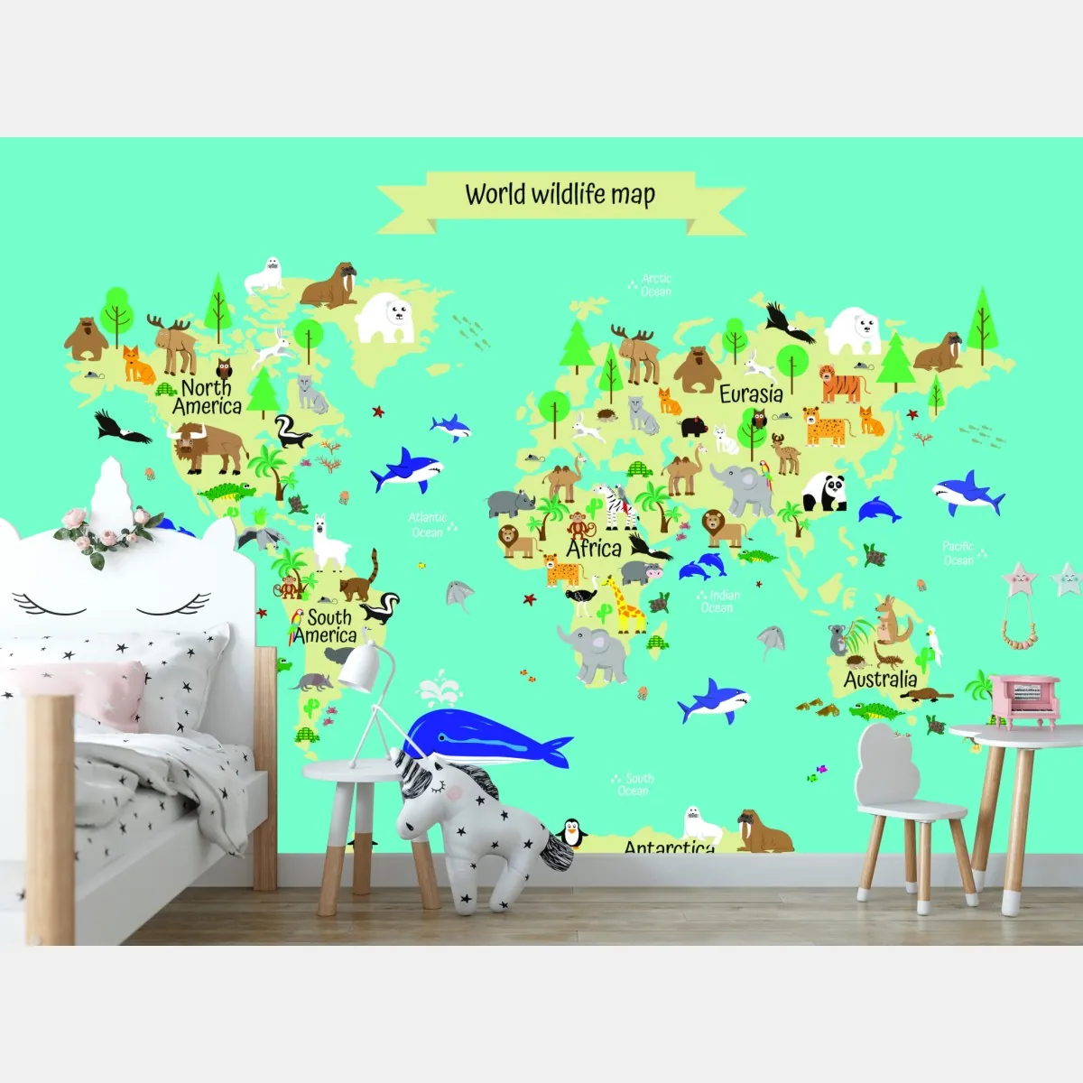 Fototapete weltkarte der tierwelt für kinder – Wallnifity®