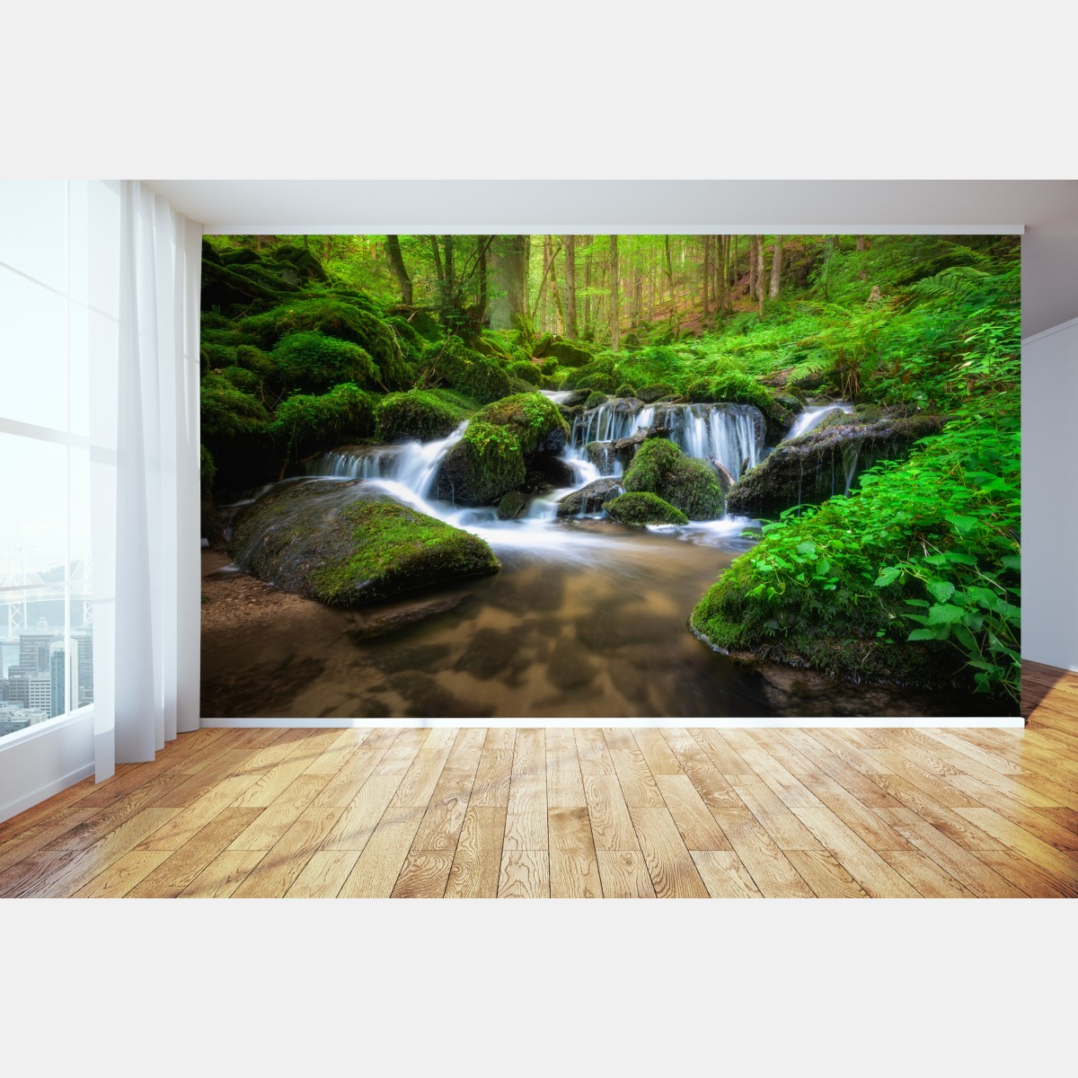 Fototapete ruhiger moosiger waldwasserfall – Wallnifity®