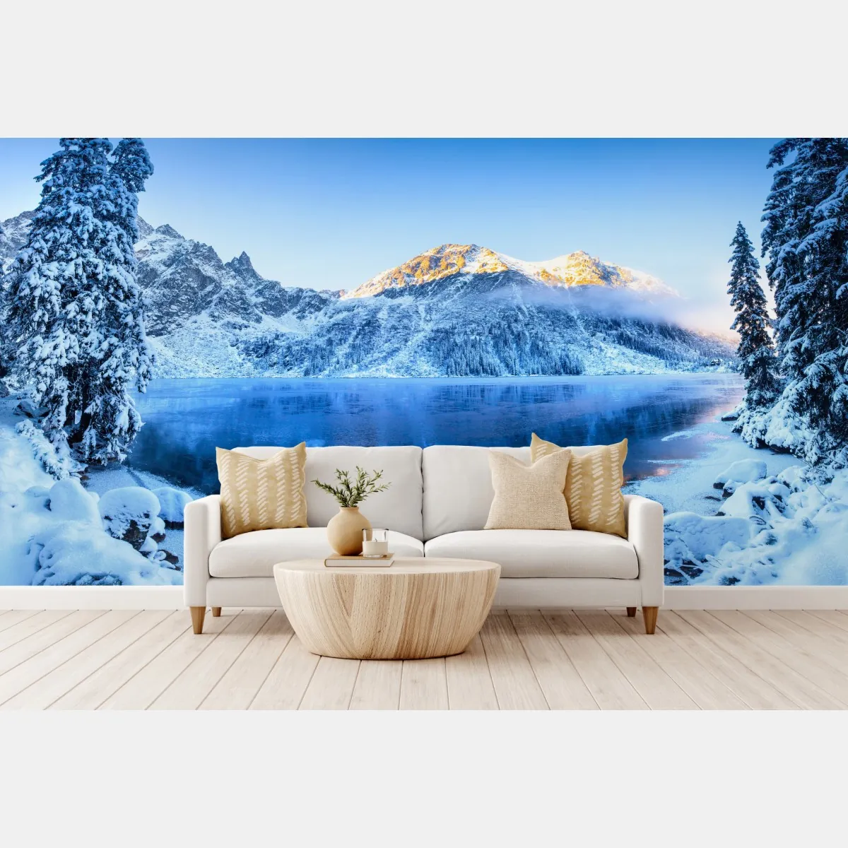 Fototapete winterlicher sonnenaufgang über dem gefrorenen bergsee – Wallnifity®
