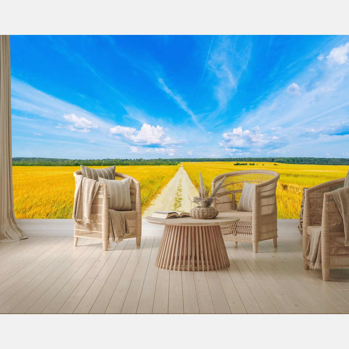 Fototapete goldene wiese unter weitem blauem himmel – Wallnifity®
