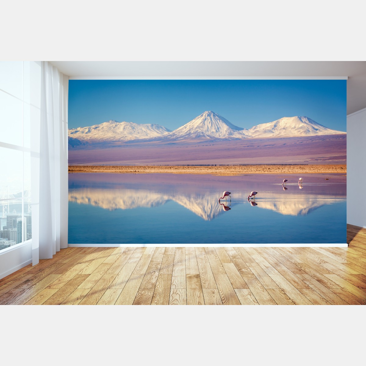 Fototapete Laguna Chaxa mit flamingos und Licancabur – Wallnifity®
