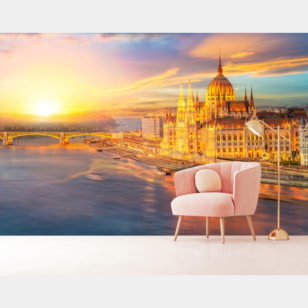 Fototapete goldener sonnenuntergang über dem parlament von Budapest – Wallnifity®
