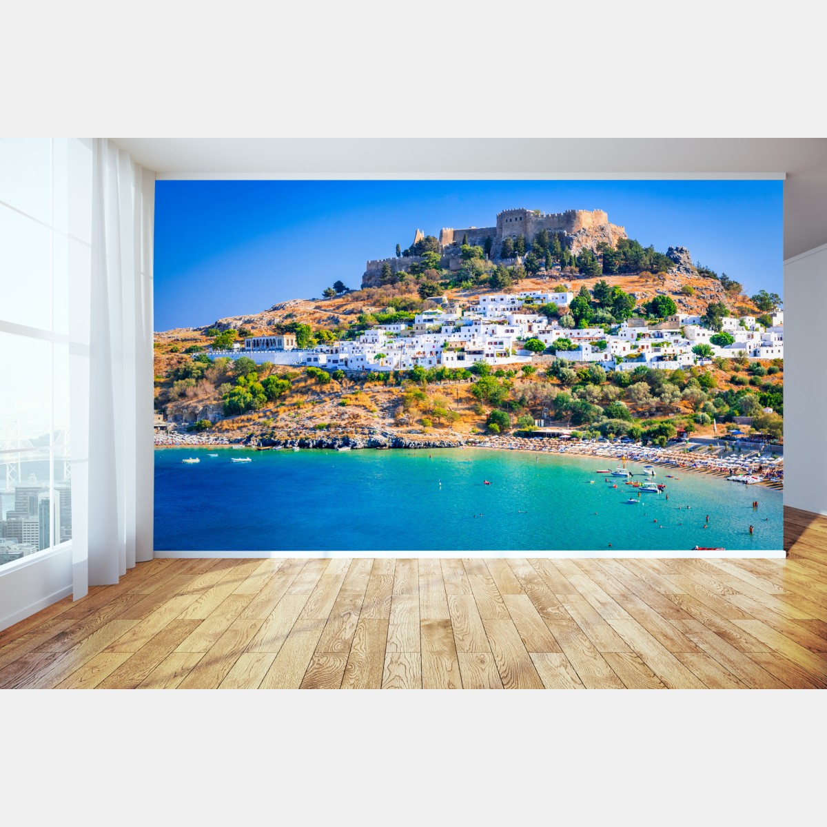 Fototapete Lindos: akropolis über dem weißen dorf, Rhodos – Wallnifity®