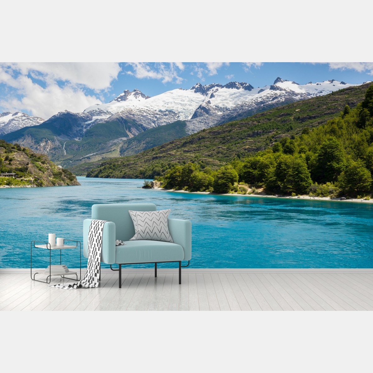 Fototapete türkisfarbener bergsee mit schneebedeckten gipfeln – Wallnifity®