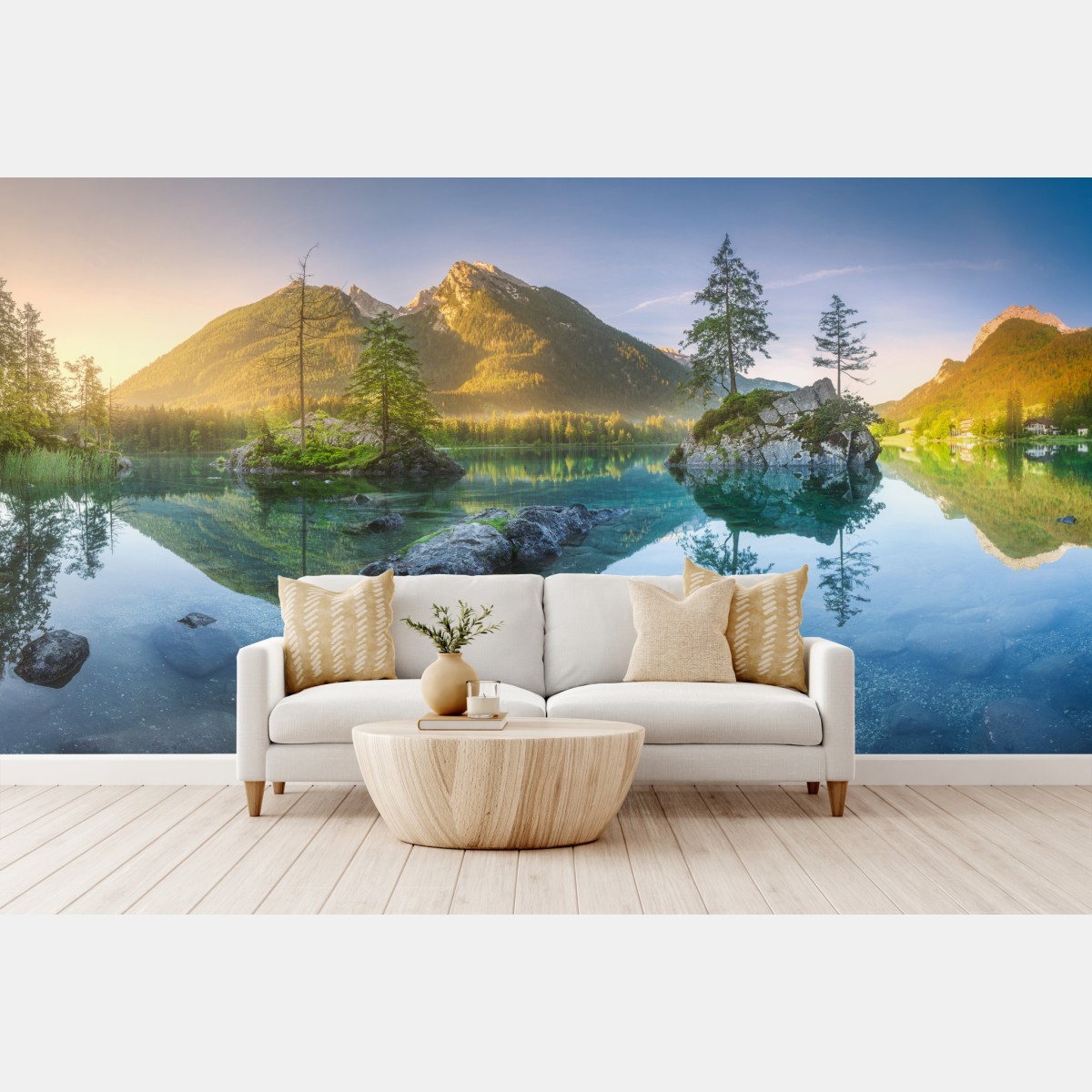 Fototapete alpensee bei sonnenaufgang mit spiegelnder reflexion – Wallnifity®
